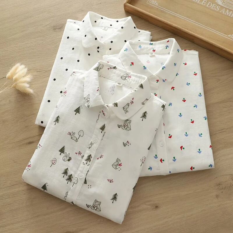 Japanese Style Mori Women's Printed Soft Skin-friendly Double-layer Cotton Yarn Long-sleeved Shirt Women's Autumn and Winter Casual Base Shirt