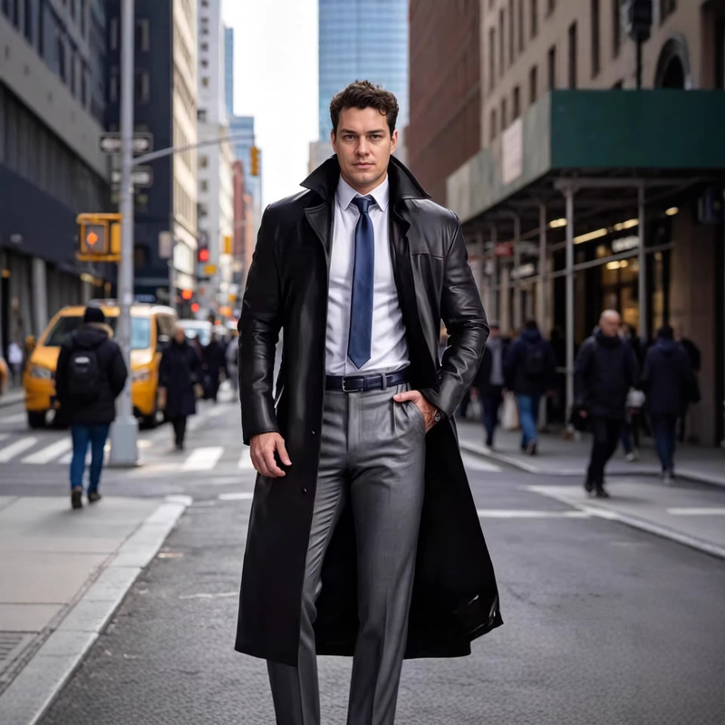 European and American Men's Fashionable Slim-Fit Pu Leather Long Coat Jacket Men's Leather Jacket Casual Trench Coat