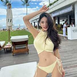 24新款日韩风泳衣性感美背聚拢黄色小香风比基尼时尚露腰绑带泳装