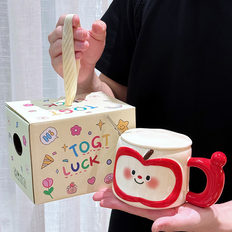 かわいいリンゴのセラミックマグ 蓋とスプーン付き 男性と女性の見栄えの良いカップル オフィス ホーム ドリンク 誕生日プレゼント|undefined