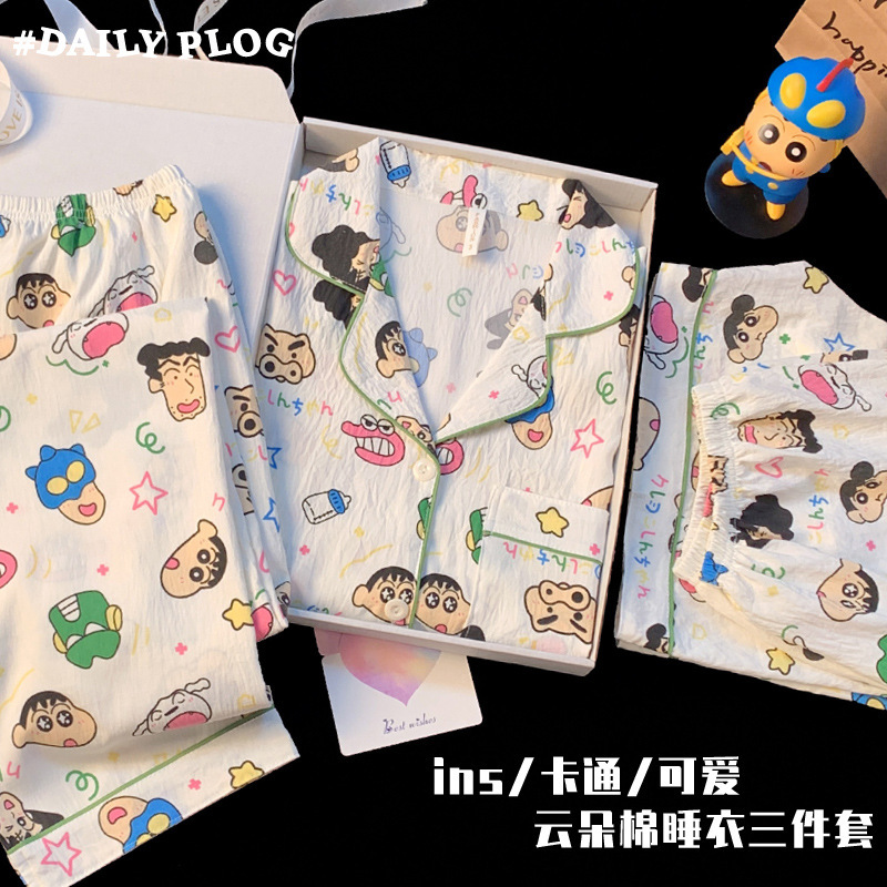 Cute Crayon Shin-Chan Pajamas for Women Summer Pure Cotton Gauze Cartoon Short-Sleeved Pants Three-Piece Loose Home Clothes