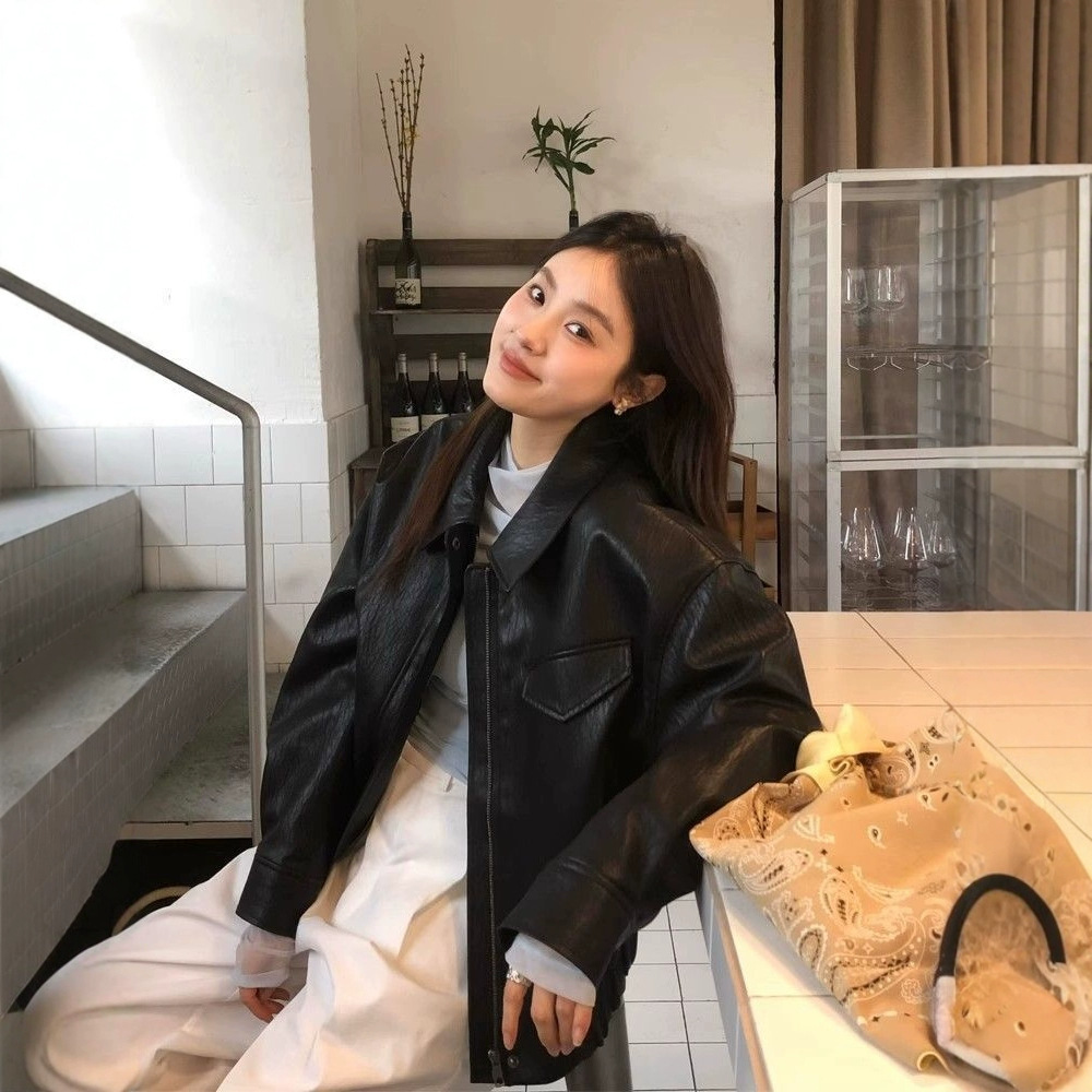 Unmun Black Leather Jacket Spring and Autumn New High Street Trendy Slim Versatile High-End Korean Retro Lapel Biker Leather Women