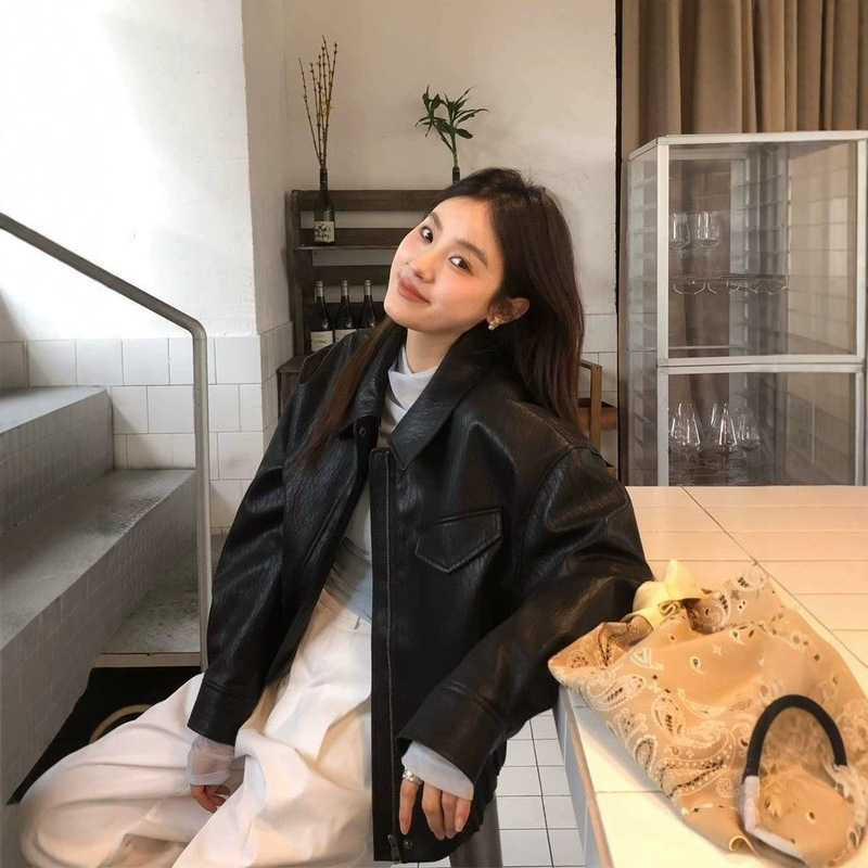 Unmun Black Leather Jacket Spring and Autumn New High Street Trendy Slim Versatile High-End Korean Retro Lapel Biker Leather Women