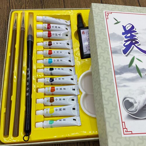 Traditional Chinese painting art tool set, simple set, 12-color paint for adults and children to practice ink painting, study brush