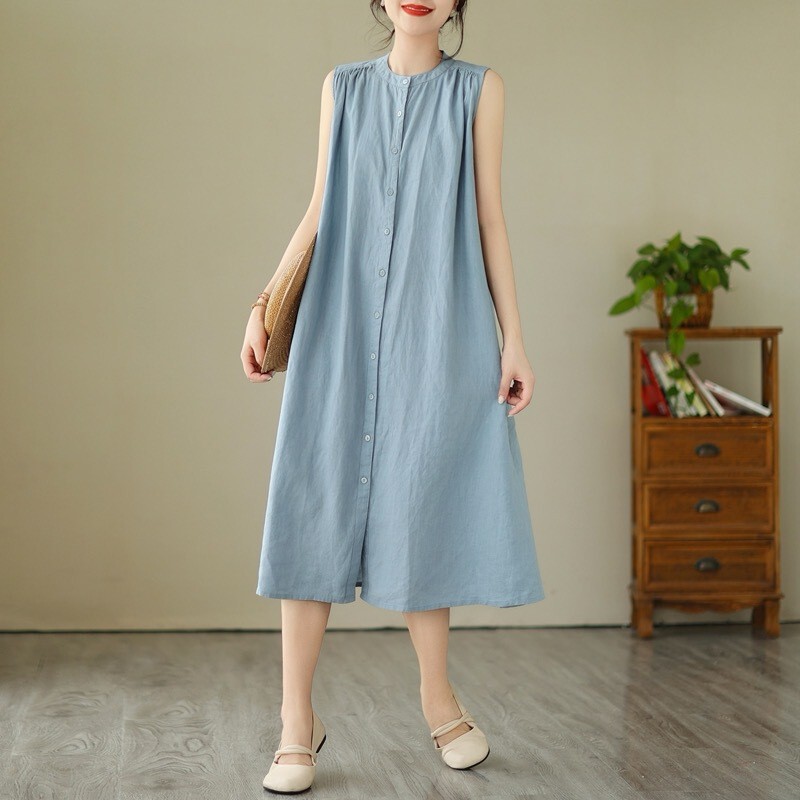 Real Shot of 2025 Pure Linen Dress Sleeveless Multi-Pleated Design Long Artistic Simple Shirt Cotton and Linen Dress