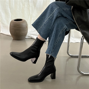 High-Heeled Slim Boots for Female Fairies 2024 New Thick-Heeled Chimney Boots Internet Celebrity Fashion Chelsea Short Boots