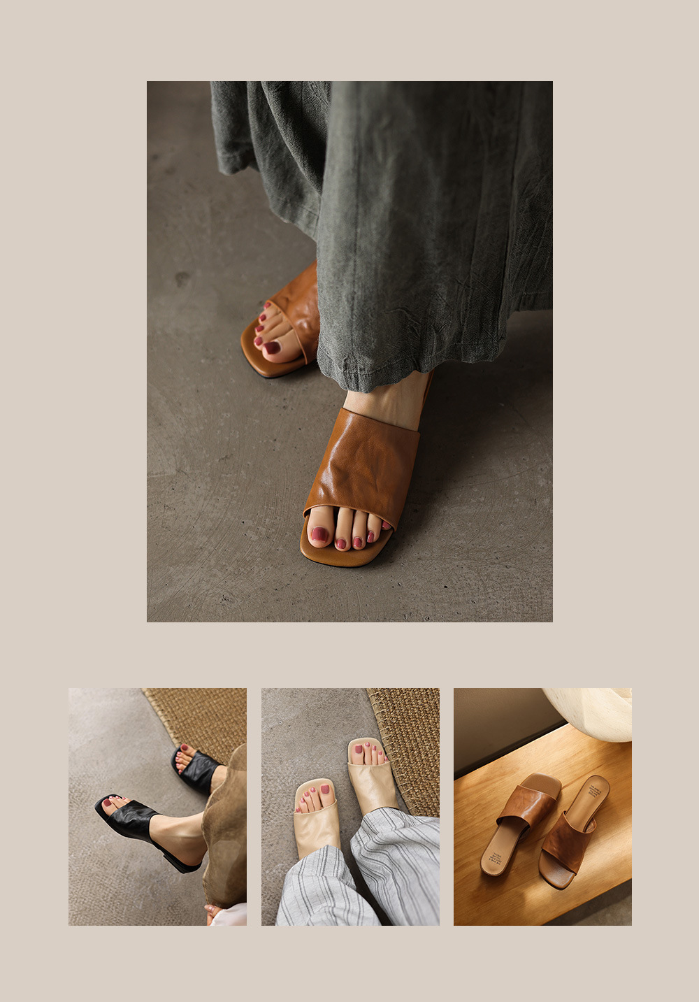 Dép sandal nữ quai chữ V mũi vuông da bò gót thấp — đen chi tiết 2