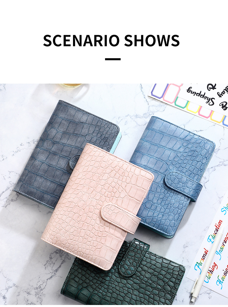 A6 neue Krokodil farbe 6 Ringbuch Pu Clip-On Notebook Leder Lose blatt Notebook Cover Notebooks Journal Briefpapier – Detail 12