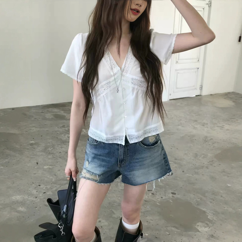 White Lace Shirt by Korean Designer Nuese, Korean-Style Women's Clothing, French Elegance, V-Neck Short-Sleeve Shirt