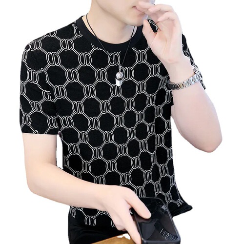 Ice silk short sleeve t-shirt for men, casual fashion clothing, round neck men's clothing, summer printed trendy t-shirt top