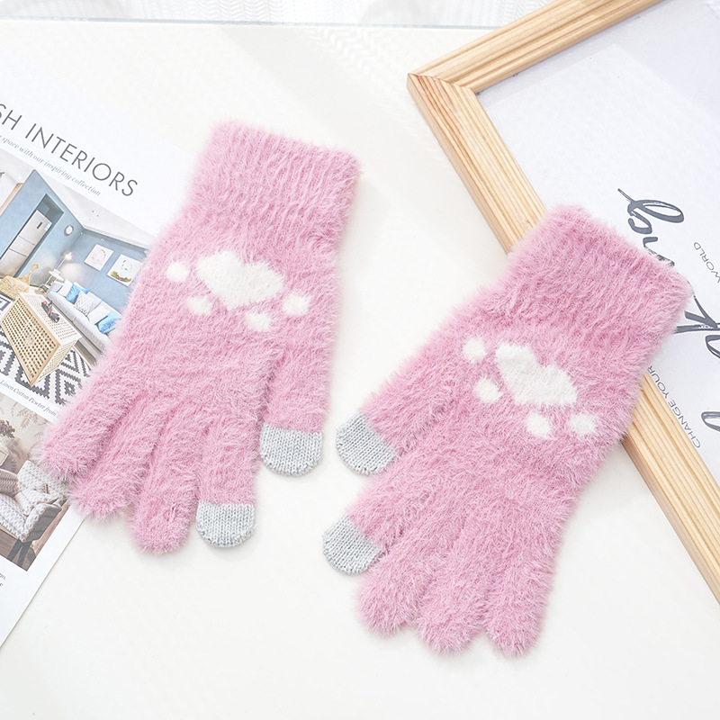 Invierno de las mujeres cálido forrado de lana engrosada estudiante escritura de moda montar lindo punto medio dedo flip guantes de dibujos animados