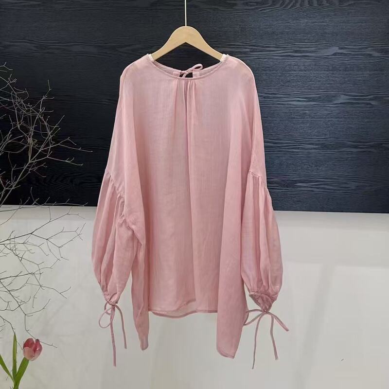 Loose Thin Spring and Summer New Round Neck Pullover Ramie Solid Color Lace-up Literary Style Retro Style Women's All-match Shirt