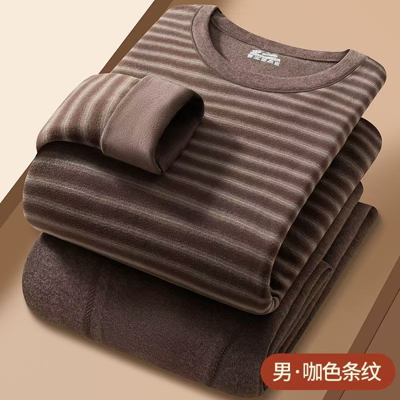 2025 Men's Double-Sided Striped Thermal Underwear Set Thickened German Velvet Base Layer Clothing Set Autumn Clothes and Pants Trendy