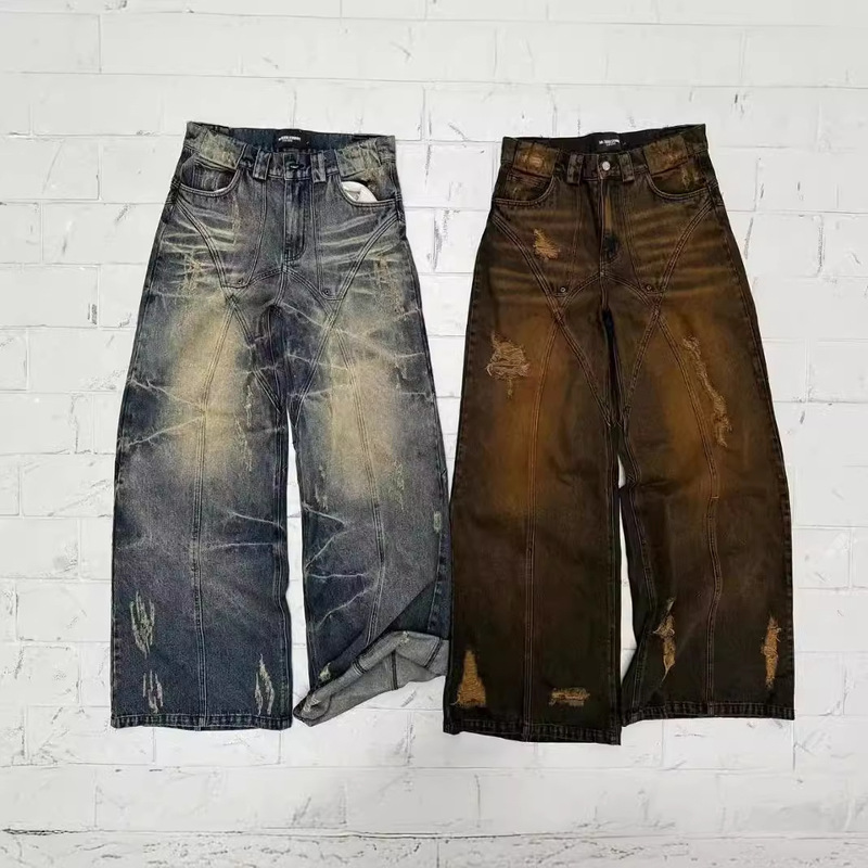 American Style High Street Straight Yellow Mud Dyed Jeans Loose Men's and Women's Retro Long Pants Trendy Men's Mud 2024 New Style