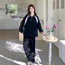 韩系学院风撞色拼接卫衣套装女早秋新款减龄休闲显瘦阔腿裤两件套