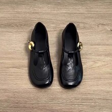 羊皮版~复古圆头金属扣一字带粗跟玛丽珍鞋女鞋百搭通勤浅口单鞋