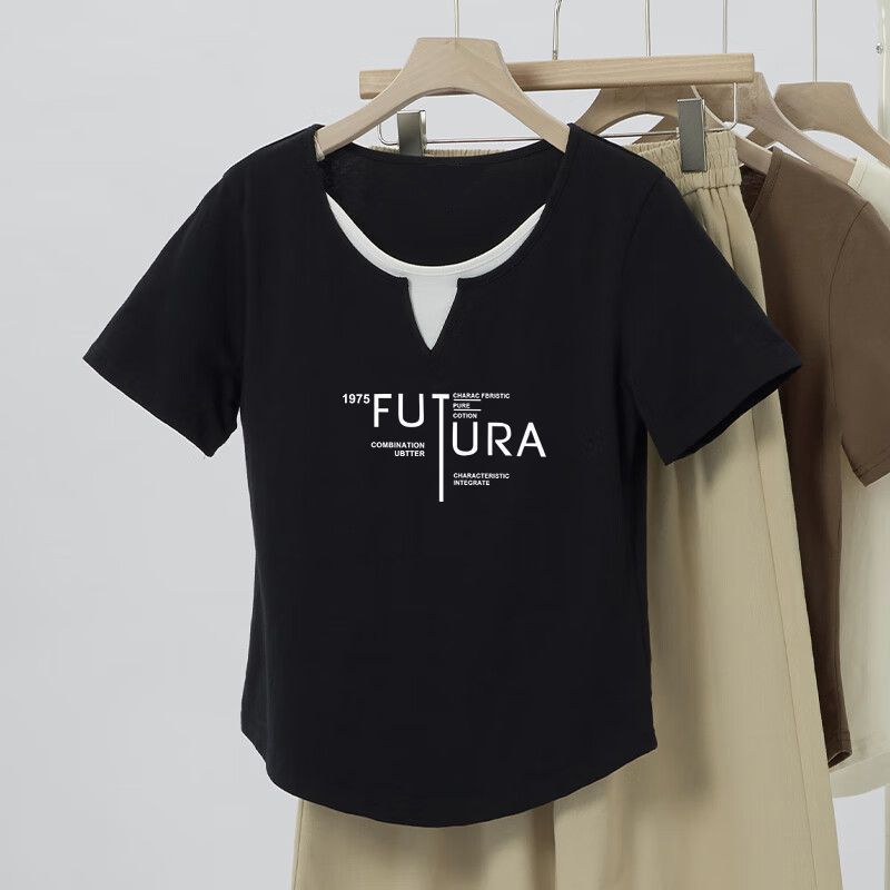 プラスサイズ 2025 アメリカンレトロお腹カバー半袖 Tシャツ女性の夏服太った女の子痩身 Tシャツ甘くてスパイシーなトップ|undefined