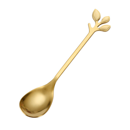 Stainless steel leaf golden coffee spoon stirring spoon titanium plated ice cream dessert spoon honey bird's nest mug spoon
