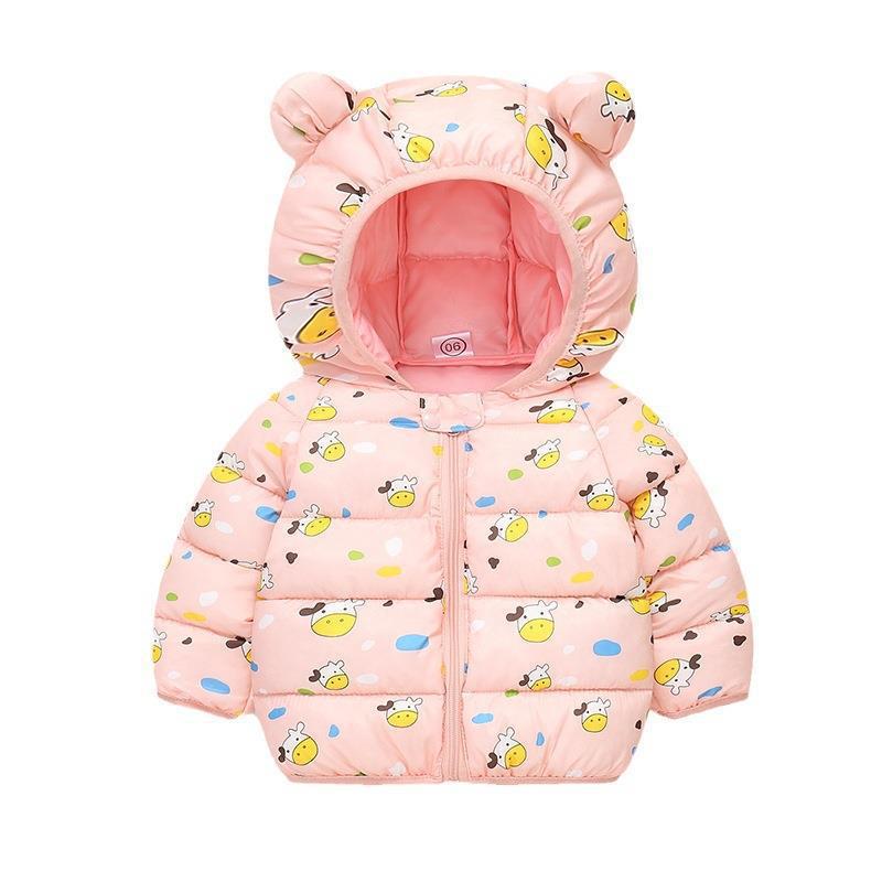 2025 nuevo otoño y invierno bebés niños niñas orejas encapuchadas impresión ropa de algodón bebé abrigo ligero bebé