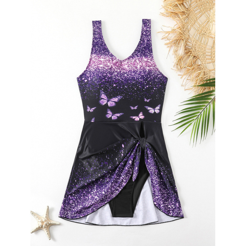 2025 European and American Foreign Trade Popular Suspender One-Piece Swimsuit Female Purple Butterfly Sexy Cross-Border Foreign Trade Golf Sports