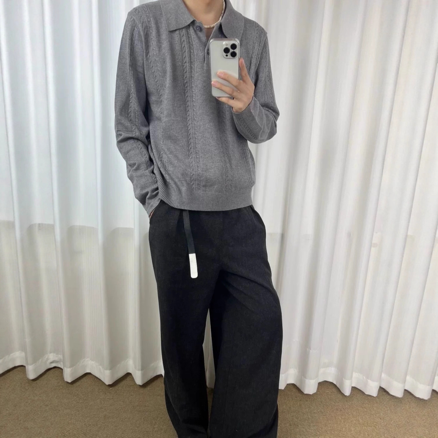 Camiseta de polo retro jacquard gris de punto de trigo hombre otoño viejo estilo de dinero con camiseta de manga larga de marca de moda