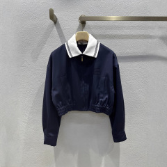 南油高端女装2025年秋冬MIU*新款撞色螺纹领藏青色短款夹克外套女