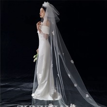 新款新娘结婚森系头纱头饰奢华拖尾硬纱旅拍复古婚纱摄影旅拍道具
