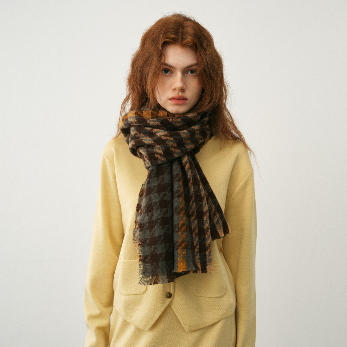 Sciarpa scozzese a quadri con barba larga e mille uccelli in cashmere imitazione a contrasto di colore, da donna, invernale, colore misto, collo morbido e grande scialle_voghion.com