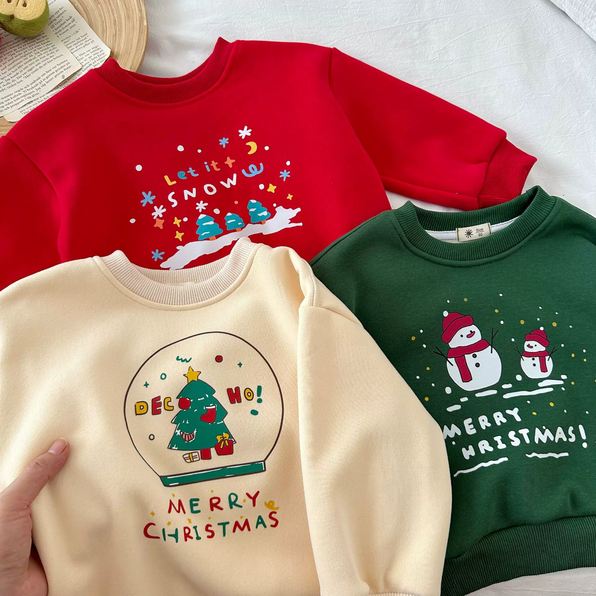 男童加绒卫衣冬季圣诞上衣儿童加厚大红色过年服中小童拜年服