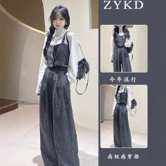 减龄小个子穿搭一整套穿搭长袖上衣女秋季新款气质阔腿裤三件套装