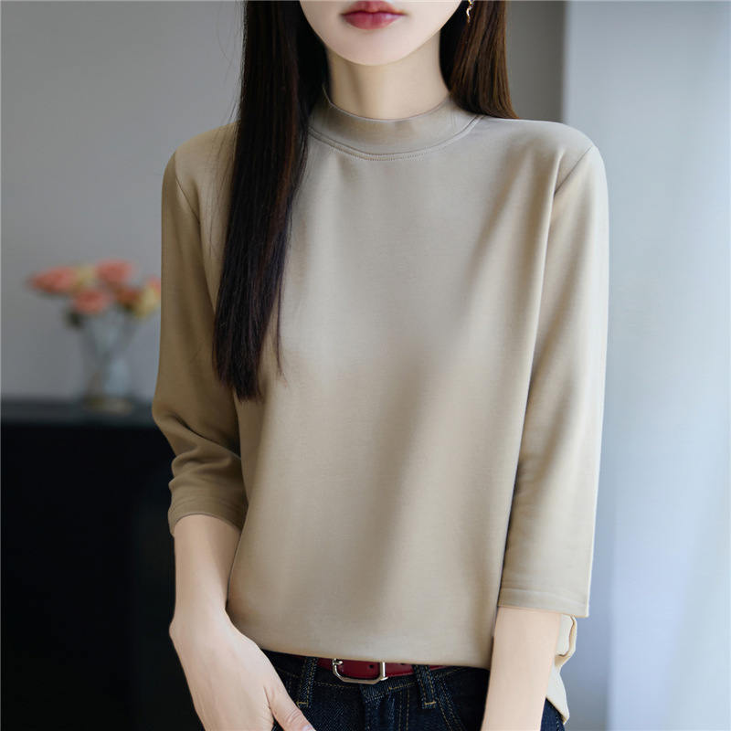 2025 Early Autumn New Cotton Half Turtleneck Knitwear Three-Quarter Sleeve Women's Brushed Pure Color Loose Bottoming Shirt Top