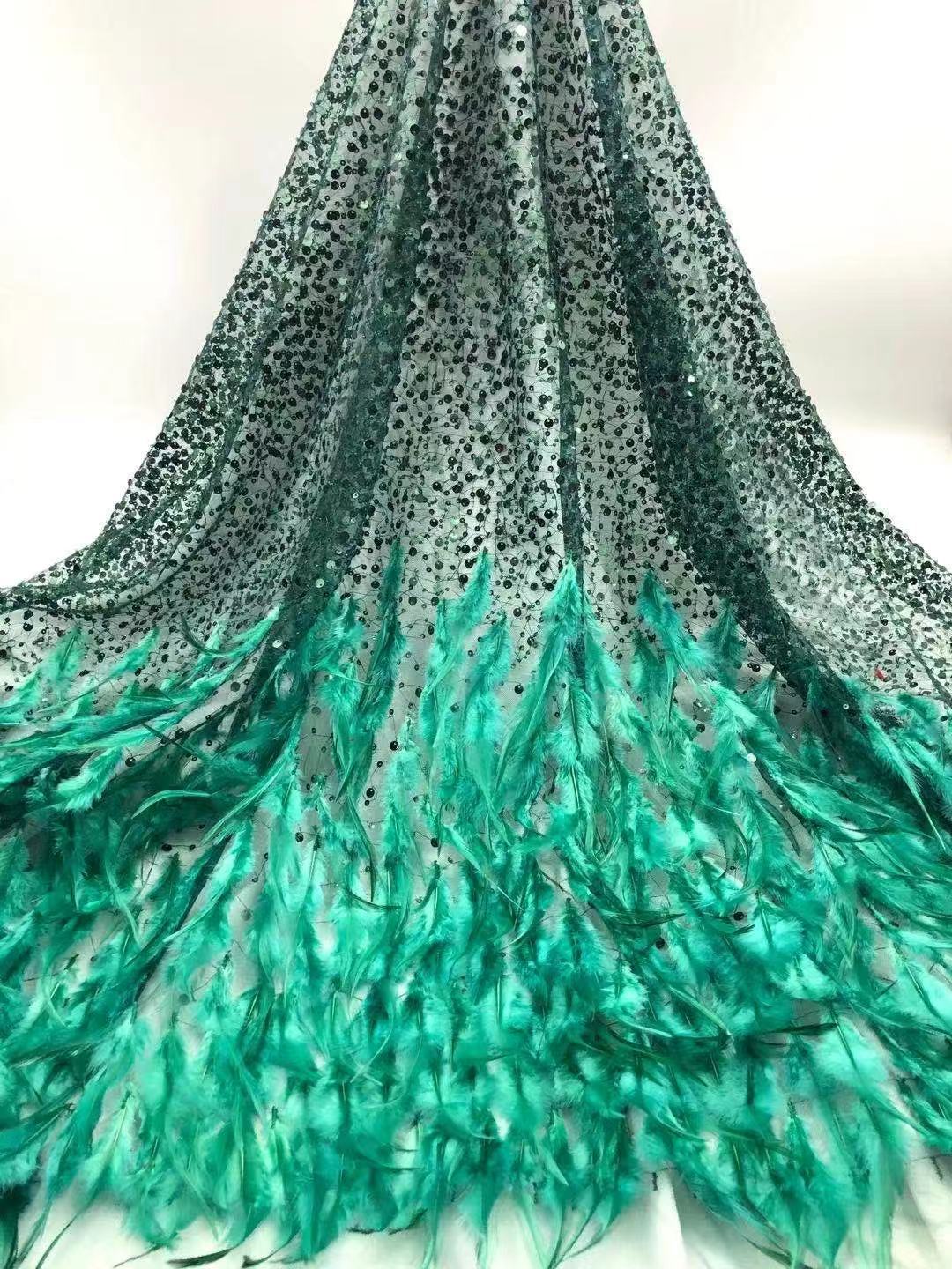 Vestido de lentejuelas con fino estampado floral, estilo europeo y americano, vestido de lentejuelas azules con bordado de plumas, tela con bordado tridimensional.