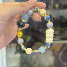 琉璃手串蓝色琉璃花球手串蓝玉髓黑小天手链女寺庙同款手串