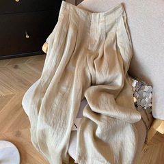 天糸亜麻のゆったりとした広脚ズボンの女性は夏2025高腰の垂れ下がった感じがします。