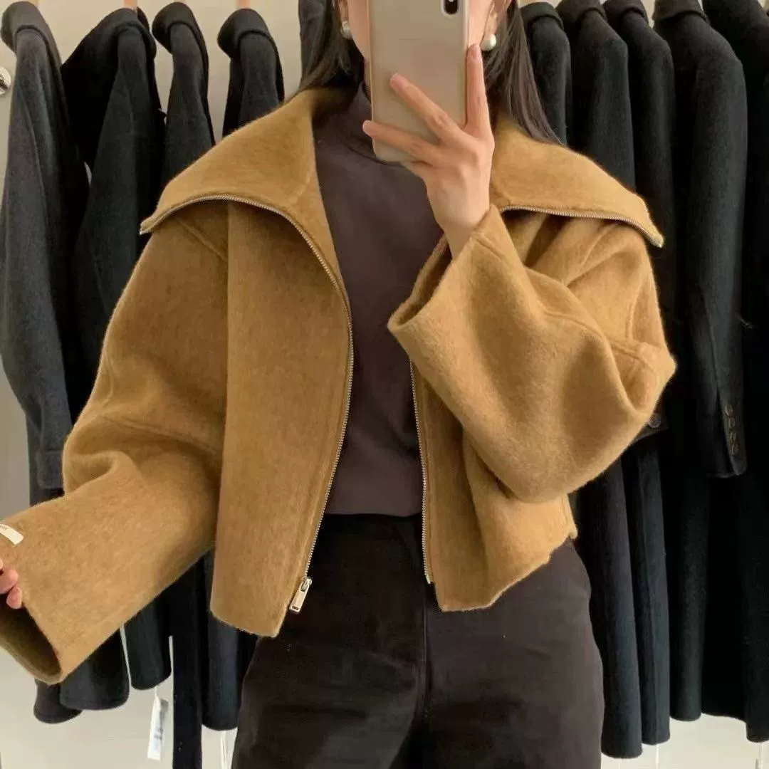 Популярное в Интернете двустороннее шерстяное пальто 2023 года на молнии средней длины свободное повседневное шерстяное пальто в Корейском стиле в наличии