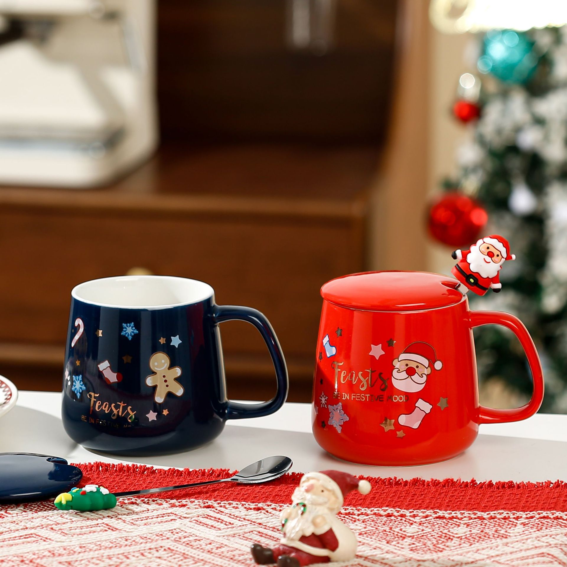 Juego de Tazas de Cerámica con Tapa y Cuchara, Taza para Agua, Regalo de Navidad, Recuerdo, Edición Limitada de Navidad