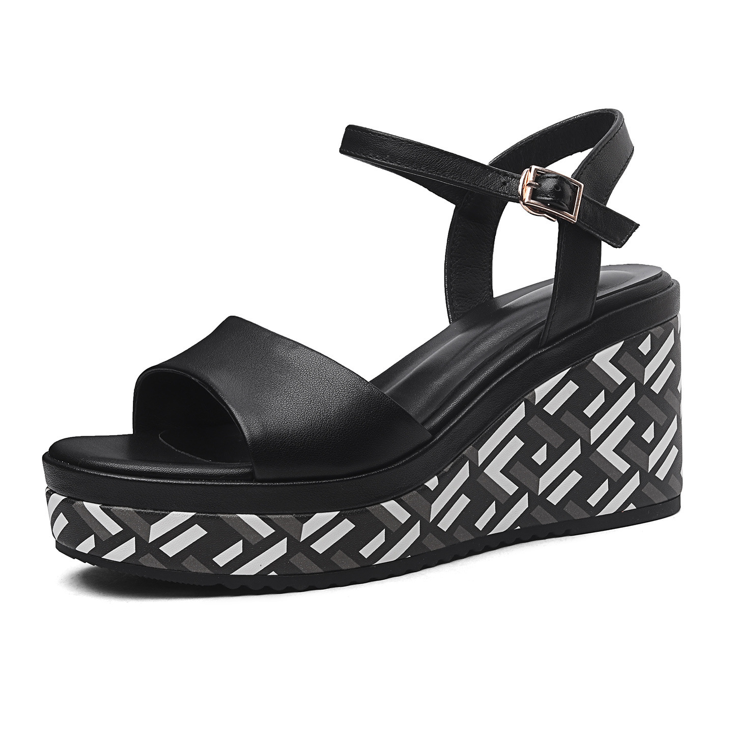 Sandal cao gót nữ hở mũi quai ngang khóa, đế dày 8.5 cm, phối màu — đen