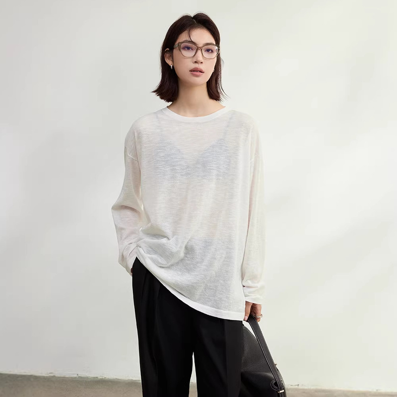 Tencel Linen Knit Long-Sleeve T-Shirt for Women, Thin Style, 2026 New Women's Top, Simple Round Neck, Slightly Sheer Cover-Up Shirt