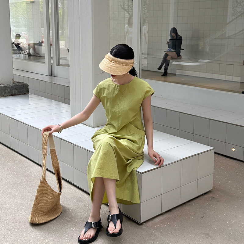 Lino Xia's New Stylish and Elegant Long Short-Sleeve Dress with Large Pockets and Waist-Cinching Design for Women 2026, Simple and Slimming Dress