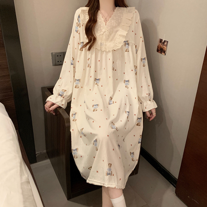 2025 pijama de otoño mujer delgado tejido pijama nubes de algodón de encaje dulce princesa vestido de vestir al por mayor