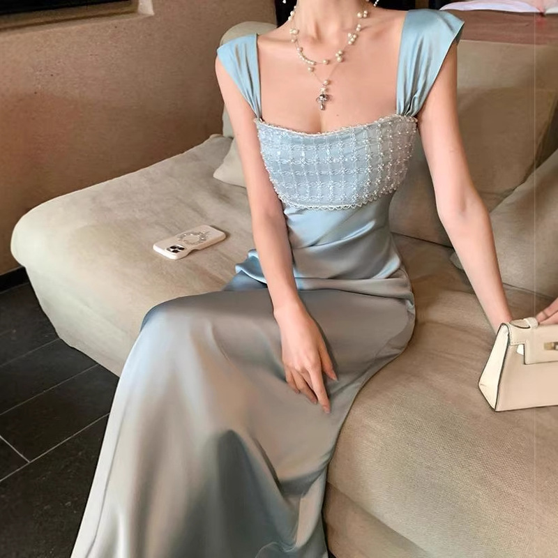 French-Style Heavy Beading Blue Satin Strap Dress for Women 2026 New Model Light Luxury Elegant Banquet Gown Long Dress