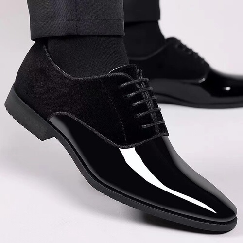 Mens Leather Polished Square Toe Formal Business Shoes for Men Large Size British Style Versatile Shoes for Men Waterproof and Non-Slip