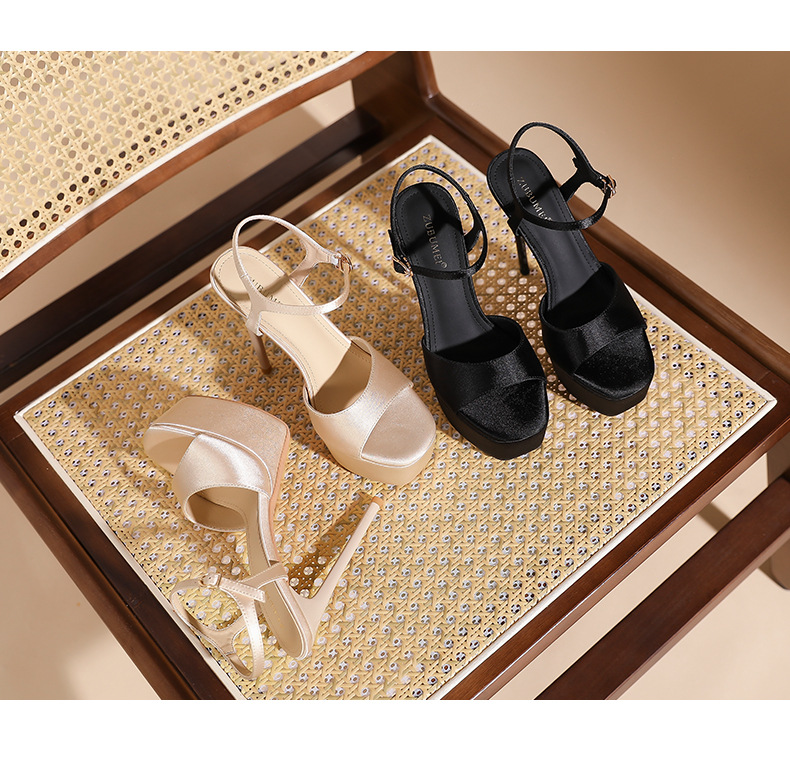 Giày sandal cao gót nữ hở mũi mũi vuông đế chống thấm nước — Màu sâm panh chi tiết 11