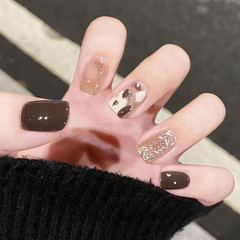 榛果拿鐵穿戴甲秋冬指甲貼片爆閃美甲片跳色假指甲美甲貼片成品甲