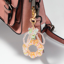 跨境新款彩色水晶串珠包包挂件锌合金爱心钥匙扣可爱花朵蝴蝶结