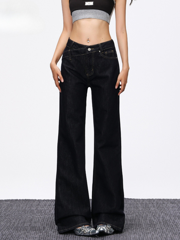 Dark Blue Narrow Straight-Leg Jeans for Women, 2026 Spring/Summer New Style, Niche Irregular High-Waisted Loose Wide-Leg Pants