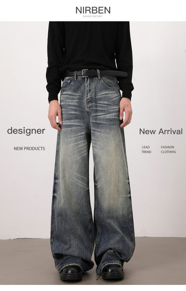 Quần jeans nam dáng chữ A ống rộng phong cách retro, râu mèo nổi, lưng vừa, dài ống suông — Màu xanh dương chi tiết 3