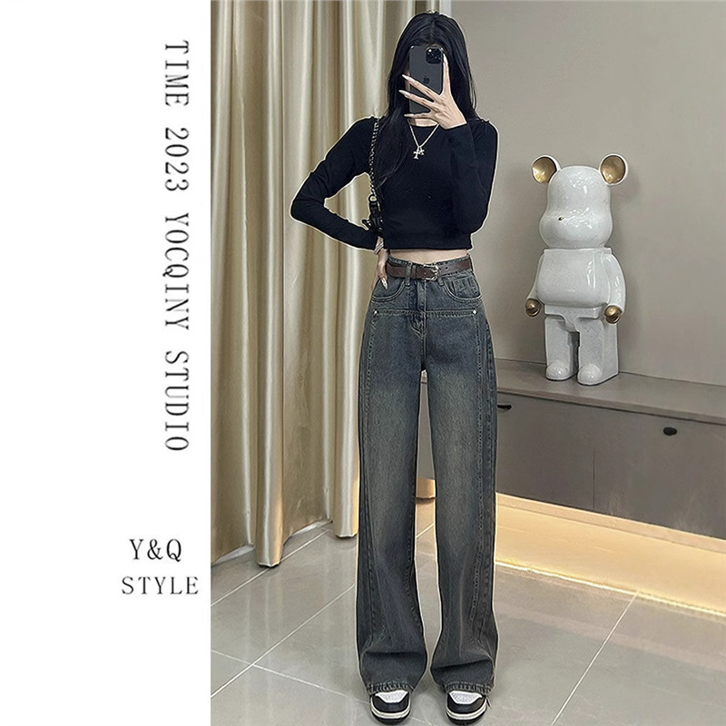 여성을위한 시멘트 그레이 좁은 와이드 레그 청바지 2025 새로운 핫 스타일 가을 하이 웨이스트 루즈 스트레이트 드레이프 바지