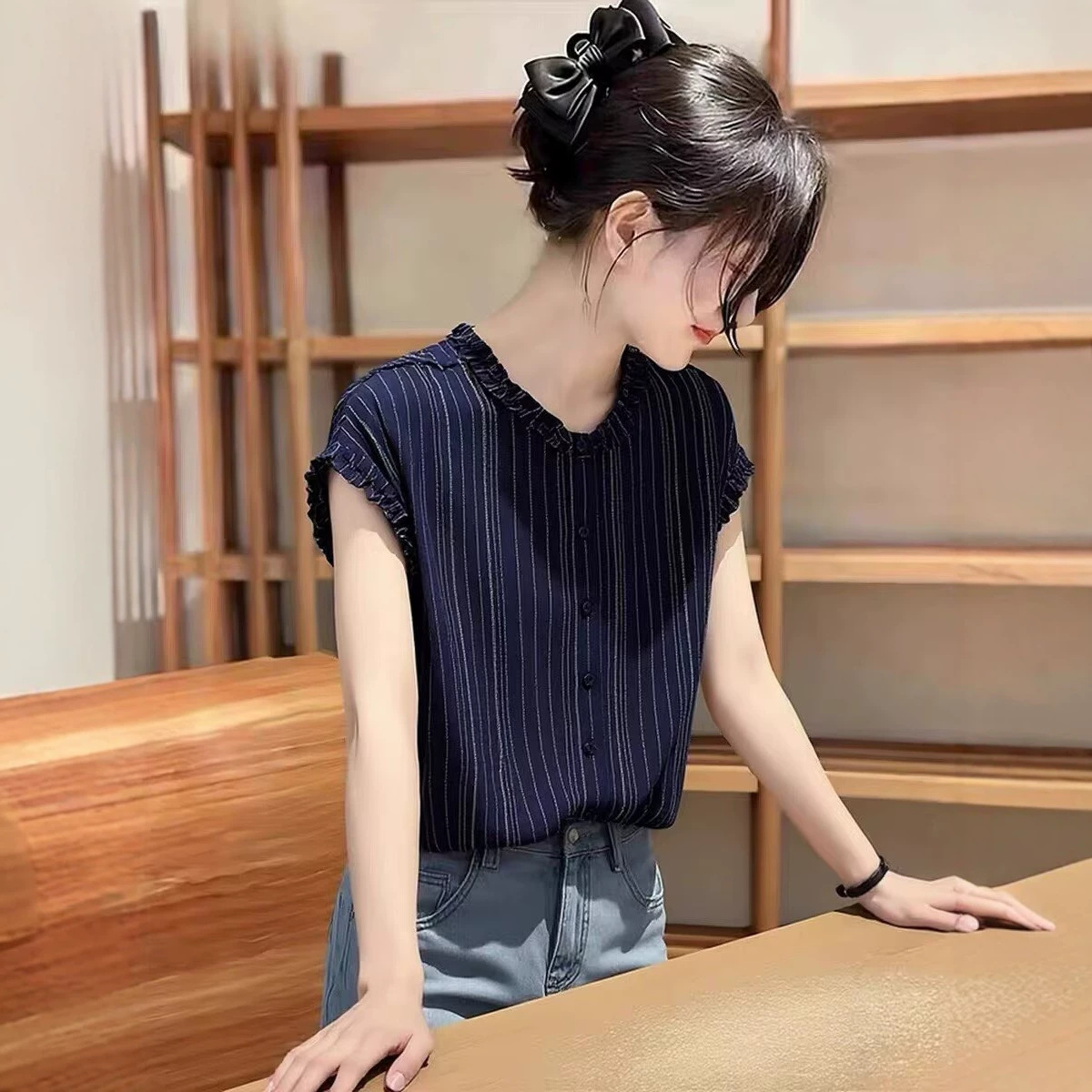 Áo sơ mi nữ ngắn tay sọc kẻ, cổ bẻ tay ngắn, phong cách công sở — Sọc Tây Tạng chi tiết 1