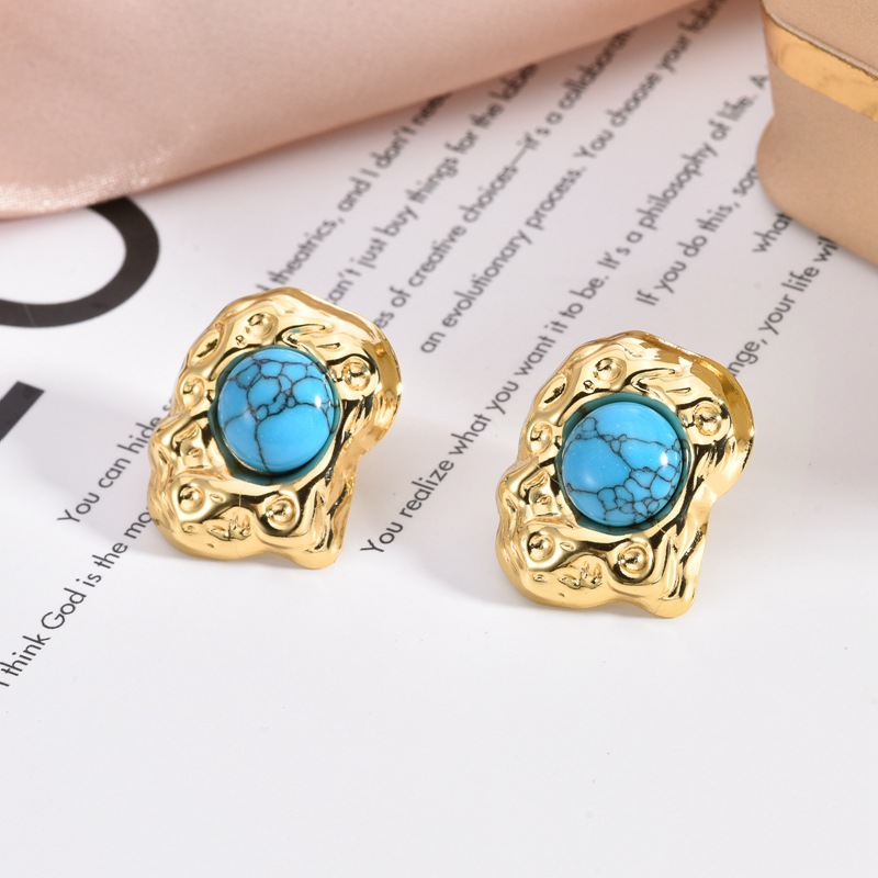 Europa y los Estados Unidos transfronterizos retro pendientes turquesa pendientes de moda incrustados con perlas irregulares joyas de pendientes de acero inoxidable